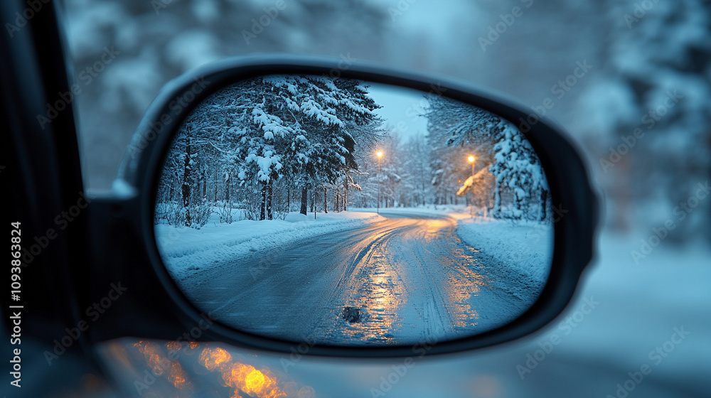 Sunlight reflects off a snowy winter road captured through a car window creating a serene and peaceful atmosphere symbolizing clarity hope and the journey forward in a cold season Sunlight reflects off a snowy winter road captured through a car window creating a serene and peaceful atmosphere symbolizing clarity hope and the journey forward in a cold season