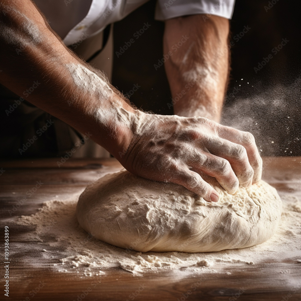 the chef's hands knead the dough,. the chef's hands knead the dough,.