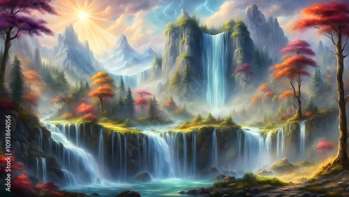 Majestic waterfall cascading down rocky cliffs in a vibrant autumnal landscape, bathed in golden sunlight.