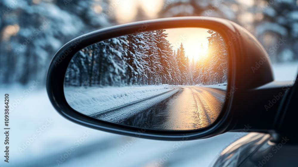 Sunlight reflects off a snowy winter road captured through a car window creating a serene and peaceful atmosphere symbolizing clarity hope and the journey forward in a cold season Sunlight reflects off a snowy winter road captured through a car window creating a serene and peaceful atmosphere symbolizing clarity hope and the journey forward in a cold season