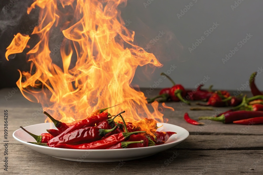 Blazing inferno of flames erupts from a plate of steaming hot spicy chilies, flames, spicy kick, culinary delight Blazing inferno of flames erupts from a plate of steaming hot spicy chilies, flames, spicy kick, culinary delight