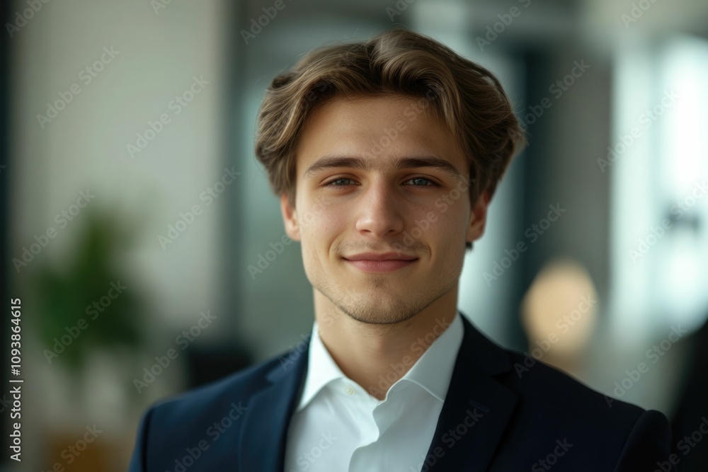 Close-up of a confident young European man. Young handsome man, teenage leader, CEO, male businessman on blurred office background. Handsome young European businessman smiles at the camera Close-up of a confident young European man. Young handsome man, teenage leader, CEO, male businessman on blurred office background. Handsome young European businessman smiles at the camera