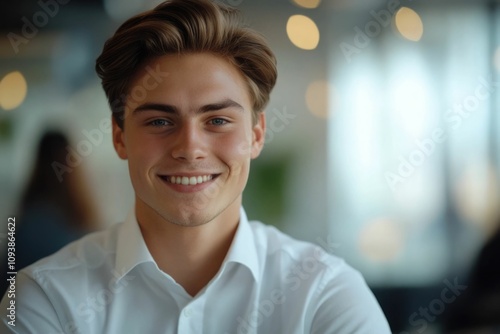 Close-up of a confident young European man. Young handsome man, teenage leader, CEO, male businessman on blurred office background. Handsome young European businessman smiles at the camera