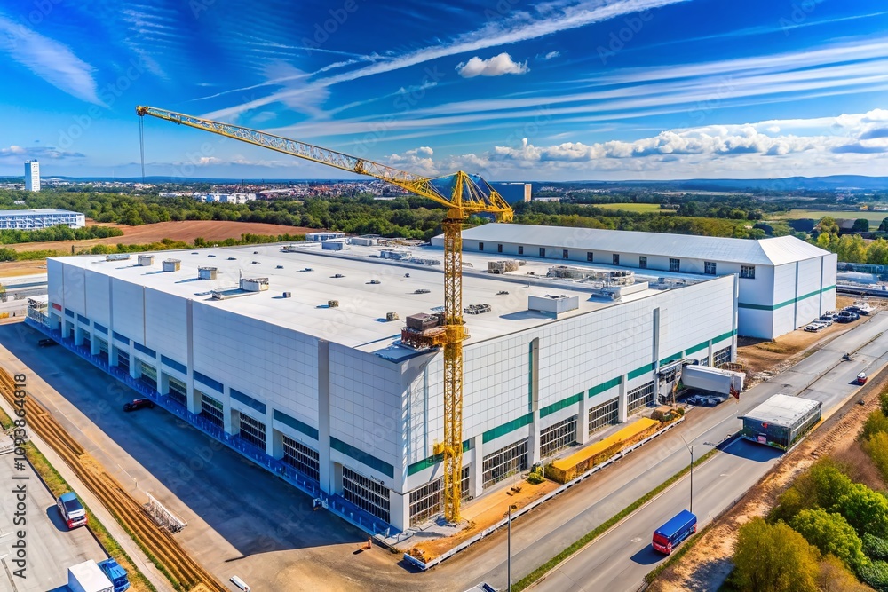 Drone Photography of a Modern White Warehouse with a Crane and Construction Site in Front, Showcasing Industrial Architecture and Urban Development in a Clear Sky Setting Drone Photography of a Modern White Warehouse with a Crane and Construction Site in Front, Showcasing Industrial Architecture and Urban Development in a Clear Sky Setting