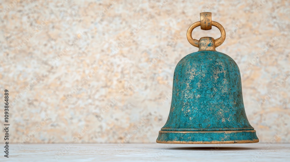 Teal bell with gold accents against beige background. Teal bell with gold accents against beige background.