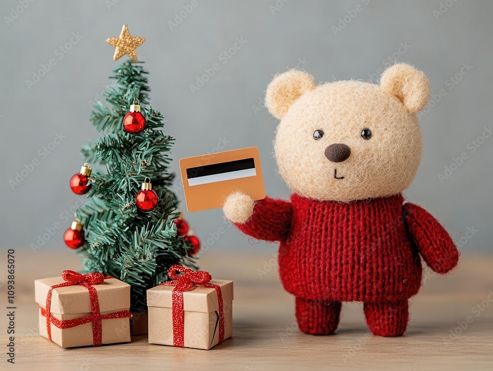 Holidaythemed bear doll holding a credit card and standing next to a tiny Christmas tree with wrapped presents Holidaythemed bear doll holding a credit card and standing next to a tiny Christmas tree with wrapped presents