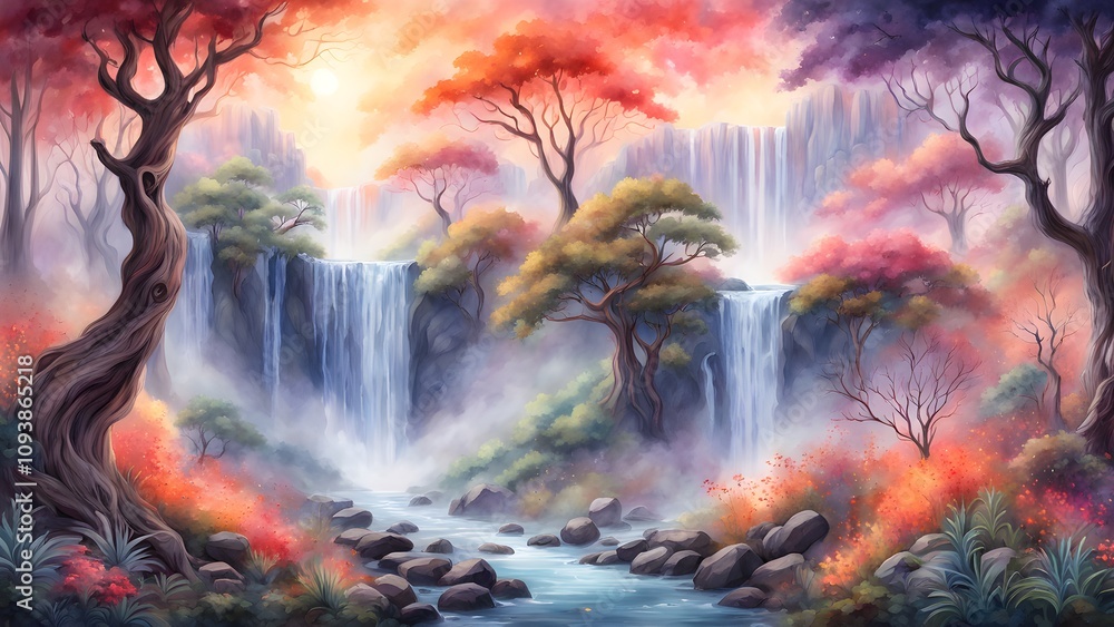 Enchanting autumnal forest scene with waterfalls, vibrant foliage, and mystical trees. Enchanting autumnal forest scene with waterfalls, vibrant foliage, and mystical trees.