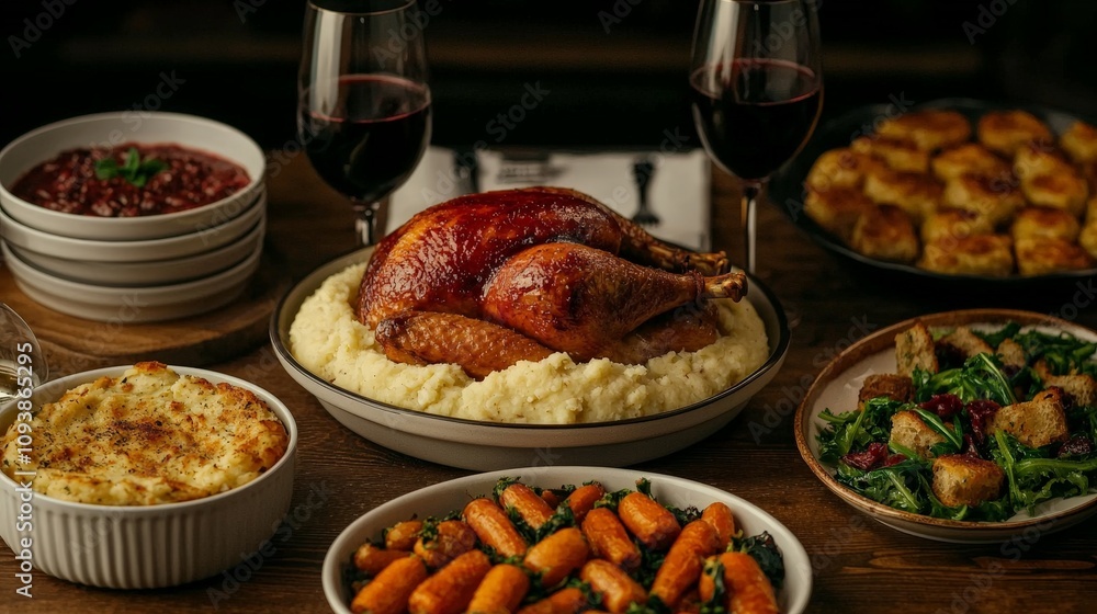 Roasted chicken with mashed potatoes, gravy, cranberry sauce, and vegetables served on a wooden table with two glasses of red wine. Roasted chicken with mashed potatoes, gravy, cranberry sauce, and vegetables served on a wooden table with two glasses of red wine.