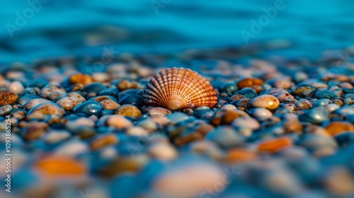 Seashell on colorful pebbles near ocean wave.