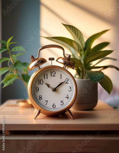 analog alarm clock is placed on a side table with a small plant detail behind it photo