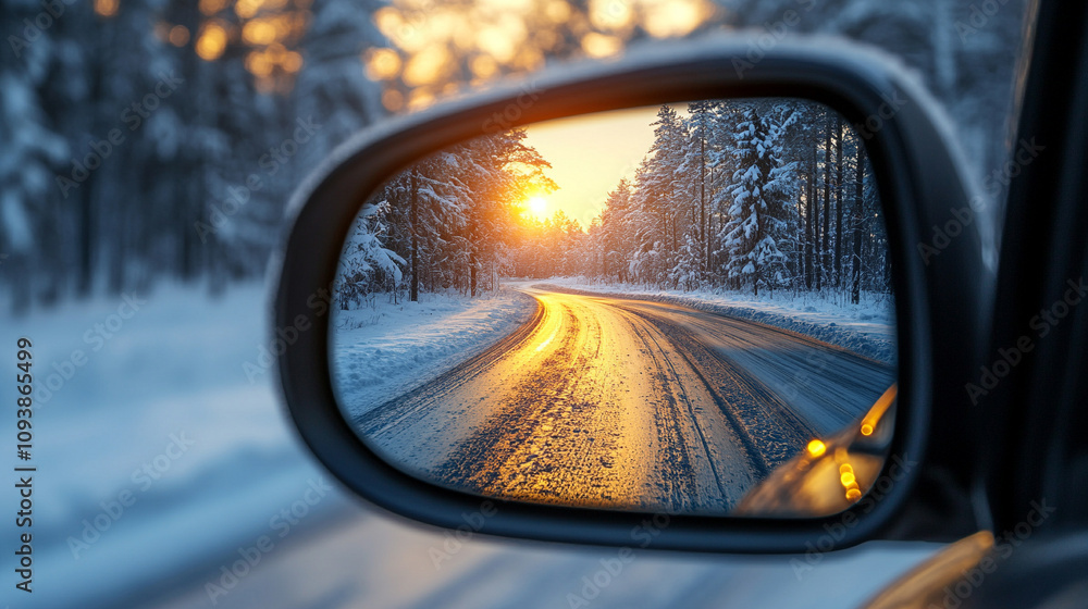 Sunlight reflects off a snowy winter road captured through a car window creating a serene and peaceful atmosphere symbolizing clarity hope and the journey forward in a cold season