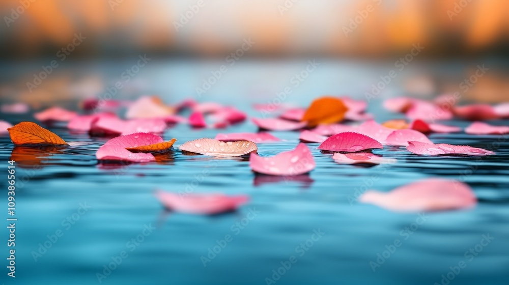 Pink and orange petals float on calm water, autumnal scene. Pink and orange petals float on calm water, autumnal scene.