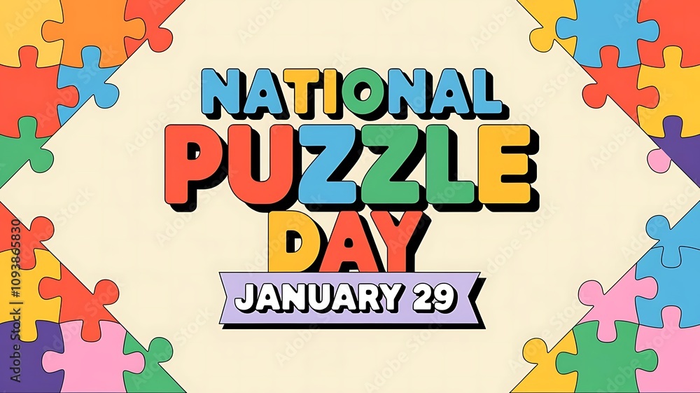 Playful and Vibrant Jigsaw Puzzle Background Celebrating National Puzzle Day with Bold Typography and Bright Colors Playful and Vibrant Jigsaw Puzzle Background Celebrating National Puzzle Day with Bold Typography and Bright Colors