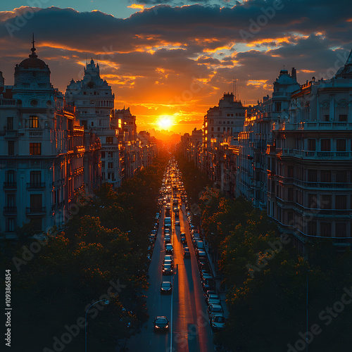 beautiful general and timelapse shot during summer sunset in an urban area with buildings. this city area is goya in madrid highlighted by white, vintage, png photo