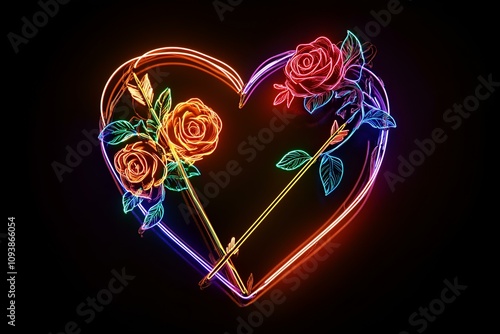 A glowing neon heart illustration with arrow and roses for Valentine's Day against a stark black backdrop. 