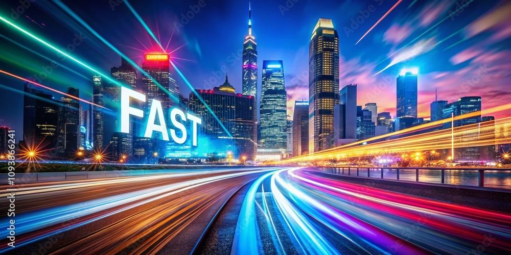 Fototapeta premium Dynamic Night Photography of Mega Fast Moving Text Titles with Vibrant Light Trails and Urban Backdrops for Captivating Visuals and Eye-catching Designs