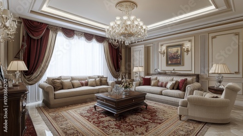 Elegant and Luxurious Living Room Interior with Classic Furniture, Decorative Chandelier, Cozy Seating Arrangement, and Warm Color Palette