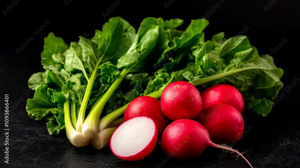 Fresh red radishes with green leaves on dark background. Fresh red radishes with green leaves on dark background.
