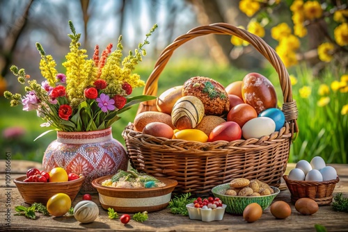 Easter Basket Preparations Before the Consecration Ceremony in Ukraine: A Glimpse into Christian Traditions and Celebrations of Easter in a Low Light Setting