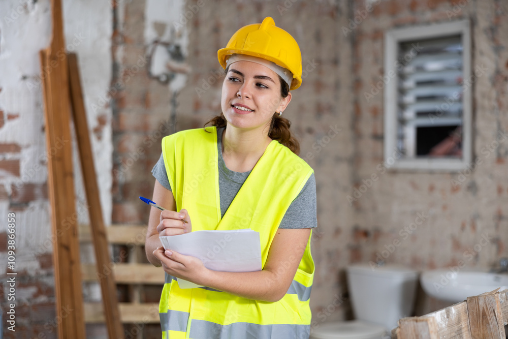 Smiling young female civil engineer in yellow safety vest and hard hat standing with papers in hands at construction site indoors, satisfied with work process Smiling young female civil engineer in yellow safety vest and hard hat standing with papers in hands at construction site indoors, satisfied with work process