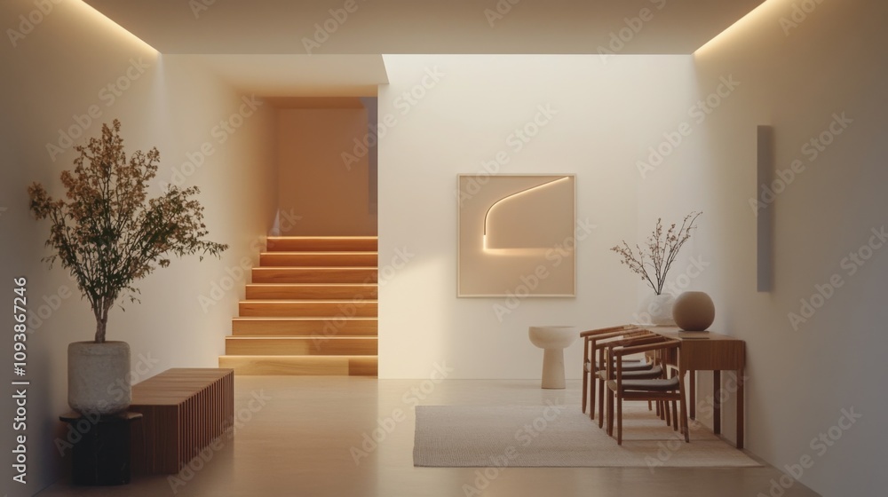 Fototapeta premium Modern Minimalist Interior Design featuring Clean Lines, Natural Light, and Organic Elements in a Serene Entryway Space with Soft Earthy Tones