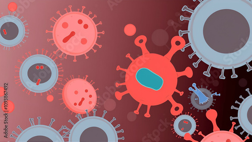 Blood cells with antibodies and bacteria, illustration