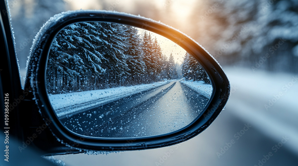 Sunlight reflects off a snowy winter road captured through a car window creating a serene and peaceful atmosphere symbolizing clarity hope and the journey forward in a cold season Sunlight reflects off a snowy winter road captured through a car window creating a serene and peaceful atmosphere symbolizing clarity hope and the journey forward in a cold season