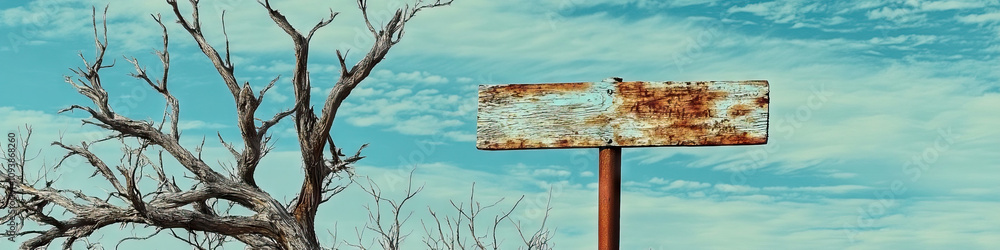 A worn and faded old western-style signpost, leaning against a barren tree. A worn and faded old western-style signpost, leaning against a barren tree.