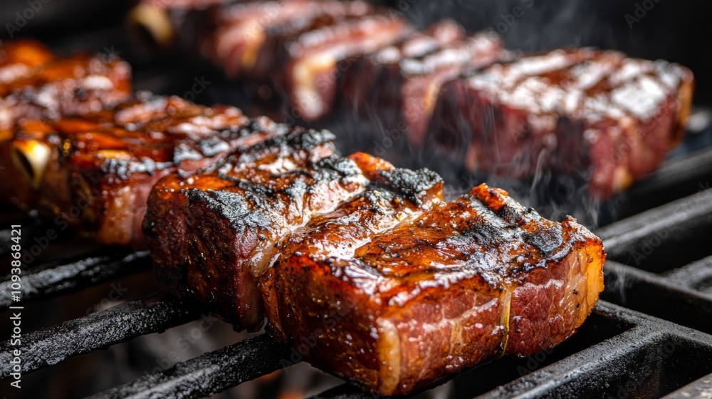 Juicy Grilled Meat Steaks Cooking on a Charcoal Grill with Smoke Rising in an Outdoor Barbecue Setting, Perfect for Summertime Gatherings and Culinary Events Juicy Grilled Meat Steaks Cooking on a Charcoal Grill with Smoke Rising in an Outdoor Barbecue Setting, Perfect for Summertime Gatherings and Culinary Events