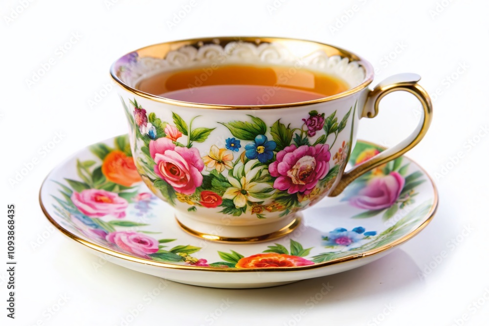 Elegant Candid Photography of a Tea Cup with Floral Saucer Isolated on White Background for Cozy, Inviting Aesthetic and Tea Lovers Elegant Candid Photography of a Tea Cup with Floral Saucer Isolated on White Background for Cozy, Inviting Aesthetic and Tea Lovers