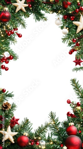 Christmas festive frame with green pine branches, red ornaments, and golden stars creating a joyful holiday atmosphere perfect for seasonal greetings.