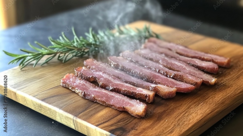 Sliced Smoked Meat on Wooden Platter with Rosemary Garnish in a Rustic Kitchen Setting Highlighting Culinary Art at Home Sliced Smoked Meat on Wooden Platter with Rosemary Garnish in a Rustic Kitchen Setting Highlighting Culinary Art at Home