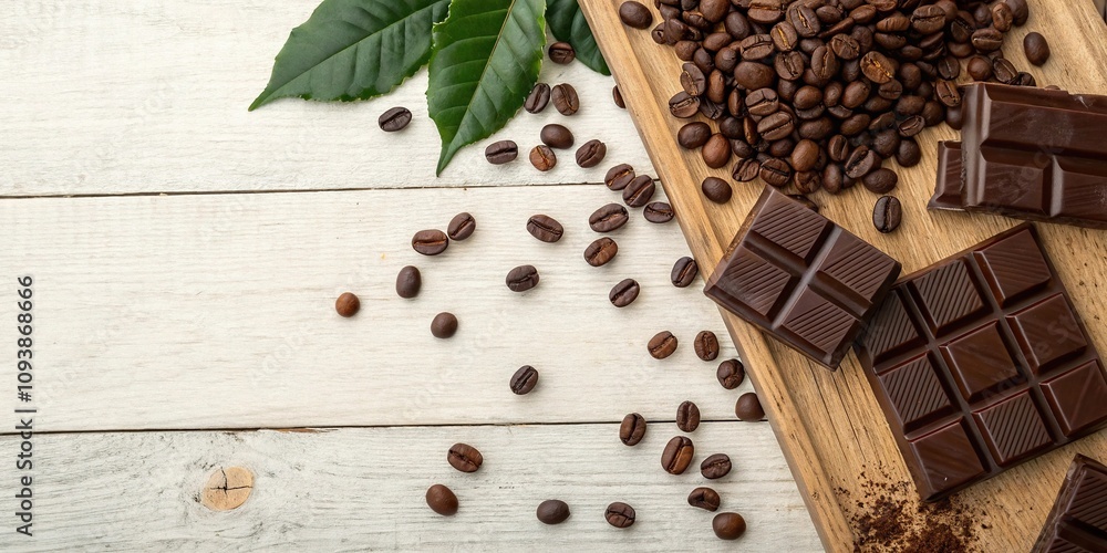 Coffee beans and chocolate bars scattered on a rustic wooden surface, natural, chocolate bars, wood, rustic, coffee beans Coffee beans and chocolate bars scattered on a rustic wooden surface, natural, chocolate bars, wood, rustic, coffee beans