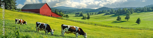 A dairy farm, with cows grazing in green pastures and a red barn in the background.