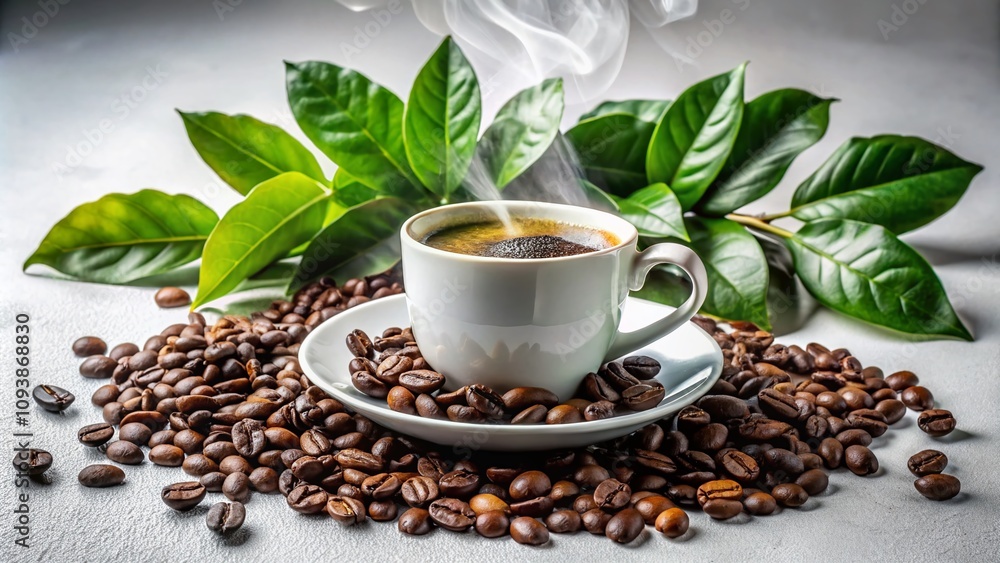 Elegant Coffee Cup Surrounded by Fresh Coffee Beans and Green Leaves on a Clean White Background, Perfect for Product Photography and Branding Needs Elegant Coffee Cup Surrounded by Fresh Coffee Beans and Green Leaves on a Clean White Background, Perfect for Product Photography and Branding Needs
