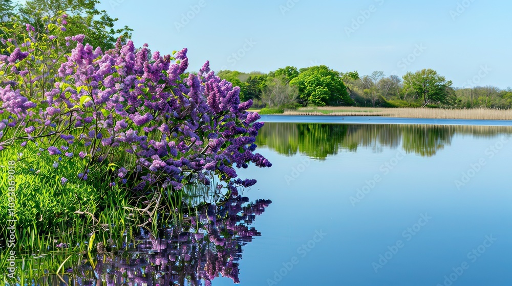 A tranquil lakeside view with blooming lilac bushes and a clear reflection of the surrounding spring foliage. A tranquil lakeside view with blooming lilac bushes and a clear reflection of the surrounding spring foliage.