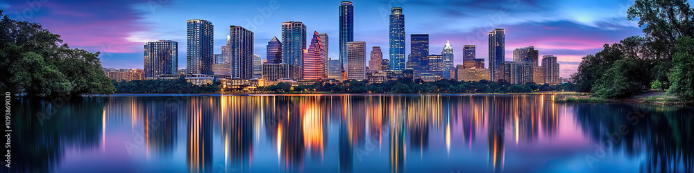 Fototapeta premium A stunning skyline of gleaming skyscrapers, reflecting on a tranquil lake below.