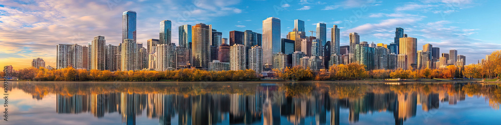A stunning skyline of gleaming skyscrapers, reflecting on a tranquil lake below. A stunning skyline of gleaming skyscrapers, reflecting on a tranquil lake below.