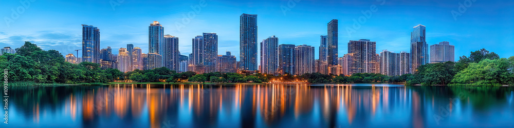A stunning skyline of gleaming skyscrapers, reflecting on a tranquil lake below. A stunning skyline of gleaming skyscrapers, reflecting on a tranquil lake below.