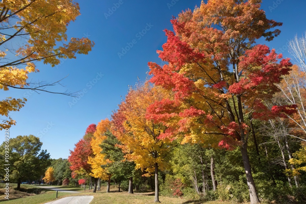 Naklejka premium Colorful maple trees with changing autumn leaves against a clear blue sky, foliage, trees, leaf, red, fall