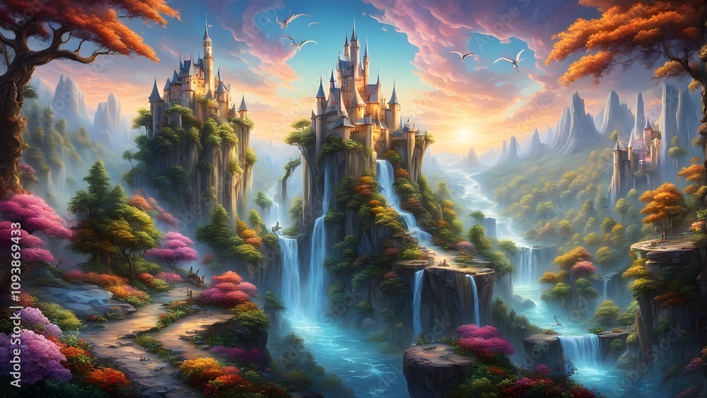 Majestic fairytale castle perched atop a cliff with cascading waterfalls, surrounded by vibrant autumn foliage and a picturesque landscape. Majestic fairytale castle perched atop a cliff with cascading waterfalls, surrounded by vibrant autumn foliage and a picturesque landscape.