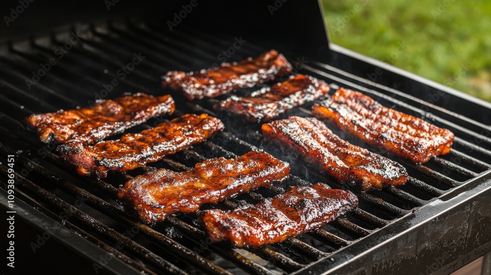 Grilled Barbecue Ribs on a Charcoal Grill with Smoky Flavor and a Glaze of Sweet Sauce for a Perfect Summer Cookout Experience Grilled Barbecue Ribs on a Charcoal Grill with Smoky Flavor and a Glaze of Sweet Sauce for a Perfect Summer Cookout Experience