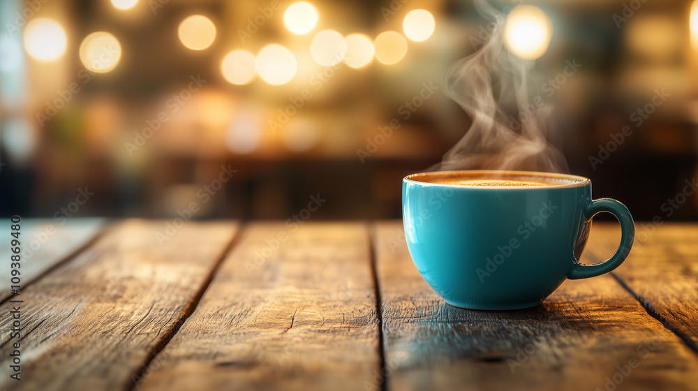 A cup of steaming coffee placed on a wooden table latte art in a cozy space. Warm, soft lighting. Cozy indoor background A cup of steaming coffee placed on a wooden table latte art in a cozy space. Warm, soft lighting. Cozy indoor background