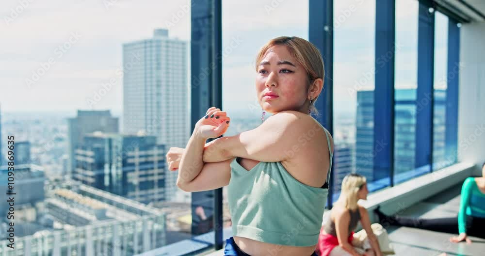 Fitness, woman and stretching arm in studio for body health, wellness and prepare for performance in Japan. Warm up muscle, exercise and Asian girl with flexibility, dance class and start practice Fitness, woman and stretching arm in studio for body health, wellness and prepare for performance in Japan. Warm up muscle, exercise and Asian girl with flexibility, dance class and start practice