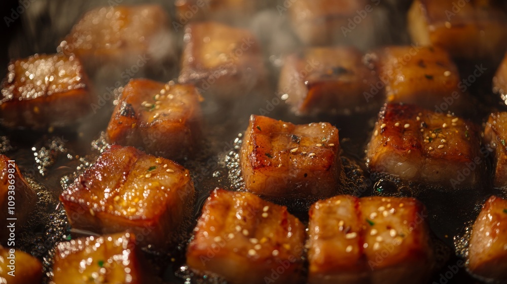 Deliciously Crispy Pork Belly Cubes Sizzling in Hot Oil, Creating a Mouthwatering Aroma and Golden-Brown Color in a Rustic Kitchen Setting Deliciously Crispy Pork Belly Cubes Sizzling in Hot Oil, Creating a Mouthwatering Aroma and Golden-Brown Color in a Rustic Kitchen Setting