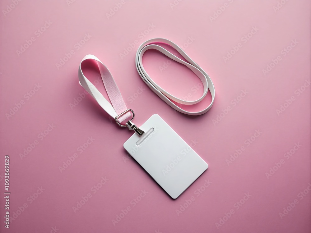 Elegant Flat Lay of White Lanyard and Blank Paper Badge on Soft Pink Background, Ideal for Event Branding and Identity Mockups with Ample Copy Space Elegant Flat Lay of White Lanyard and Blank Paper Badge on Soft Pink Background, Ideal for Event Branding and Identity Mockups with Ample Copy Space