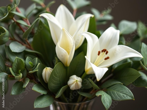 Dainty white lily buds nestled among lush eucalyptus leaves in a delicate vase, wedding flowers, lilies