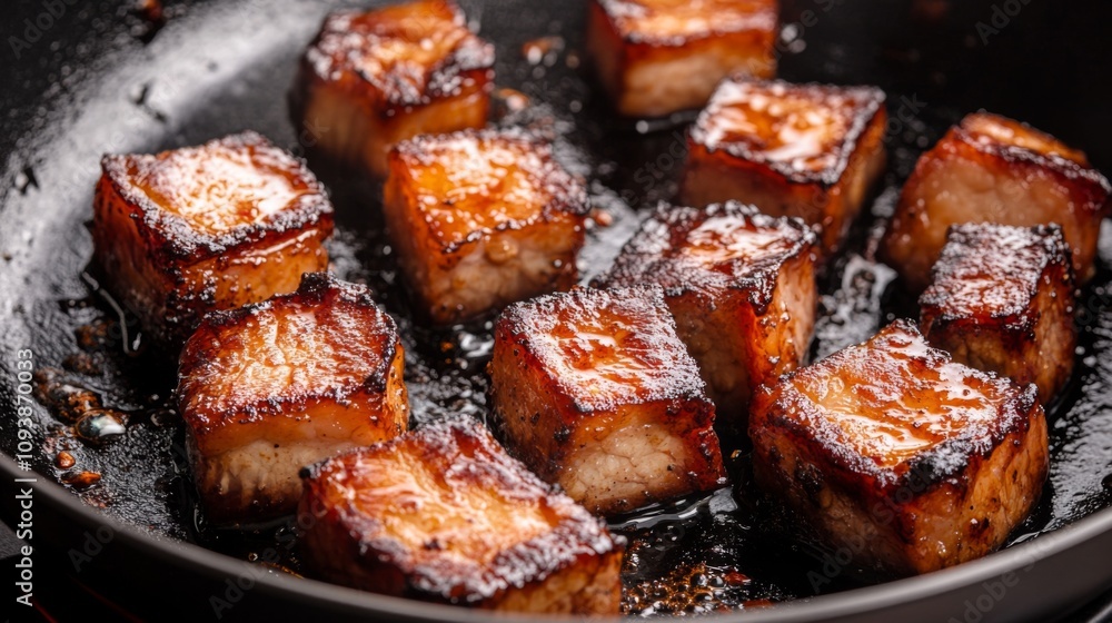 Crispy and Delicious Pan-Seared Tofu Cubes Cooking in a Non-Stick Frying Pan with Browned Edges and Perfect Texture Ideal for Vegetarian and Vegan Dishes Crispy and Delicious Pan-Seared Tofu Cubes Cooking in a Non-Stick Frying Pan with Browned Edges and Perfect Texture Ideal for Vegetarian and Vegan Dishes
