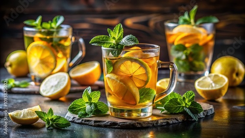 Elegant Glass of Lemon Tea Surrounded by Fresh Ingredients, Showcasing Citrus Fruits, Herbs, and Ice for a Refreshing Summer Drink Experience in a Bright Setting