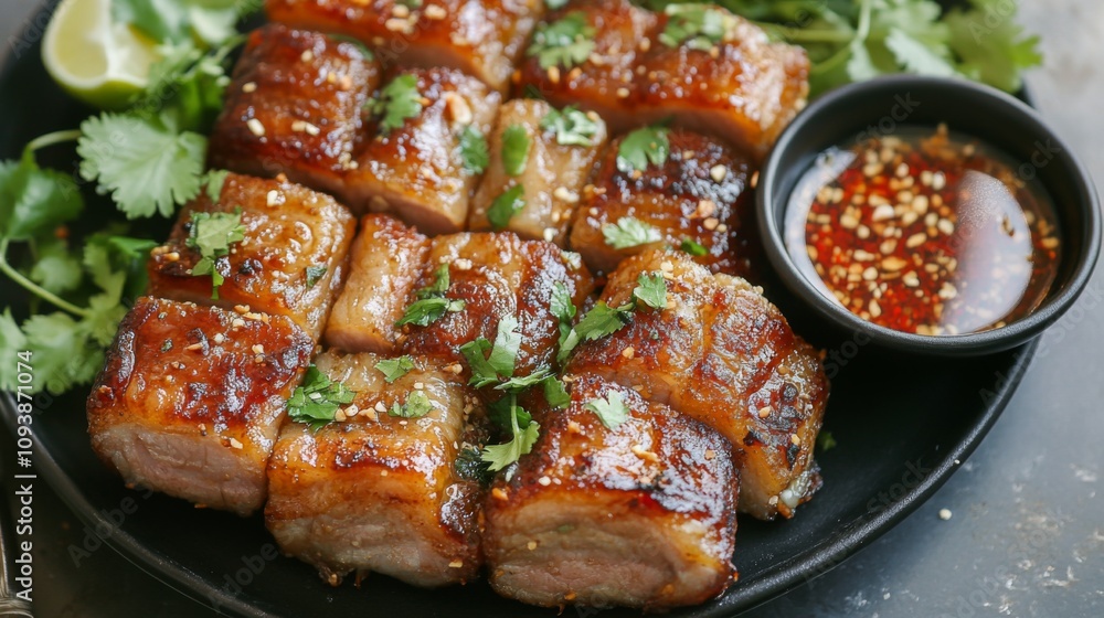 Tender and Glazed Pork Belly Served with Fresh Herbs and Dipping Sauce on a Black Plate, Garnished with Lime and Sesame Seeds for an Appetizing Presentation Tender and Glazed Pork Belly Served with Fresh Herbs and Dipping Sauce on a Black Plate, Garnished with Lime and Sesame Seeds for an Appetizing Presentation